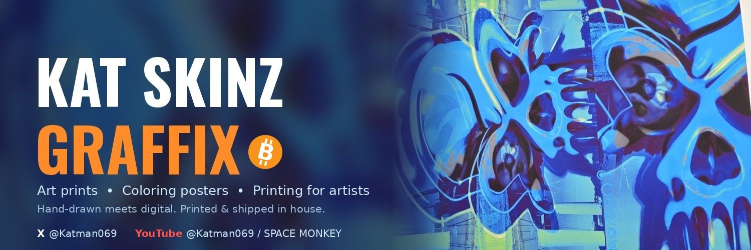Kat Skinz Graffix banner: blue graffiti skull, art prints, coloring posters, printing for artists